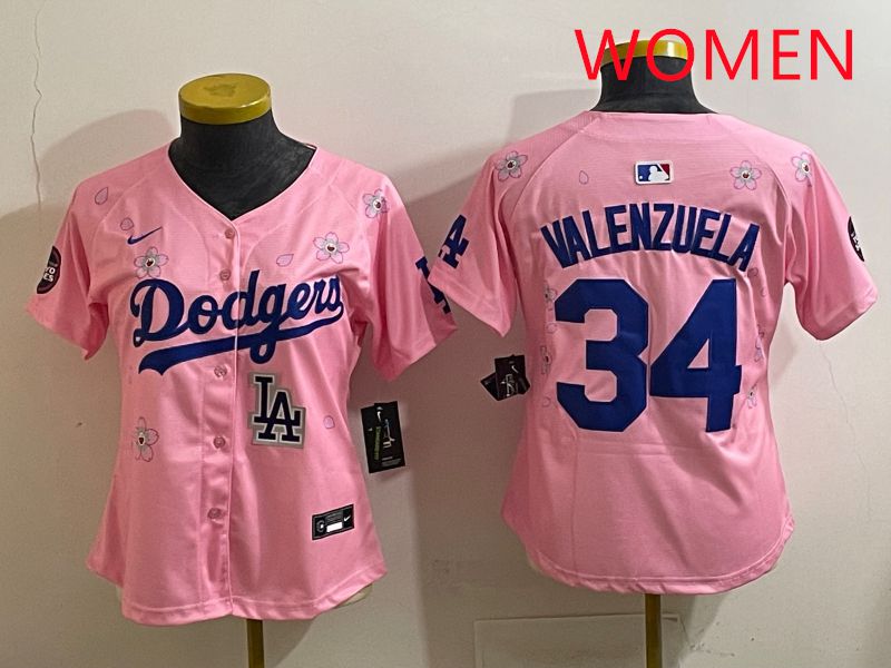 Women Los Angeles Dodgers 34 Valenzuela Pink Sakura Edition 2025 Nike MLB Jersey style 41